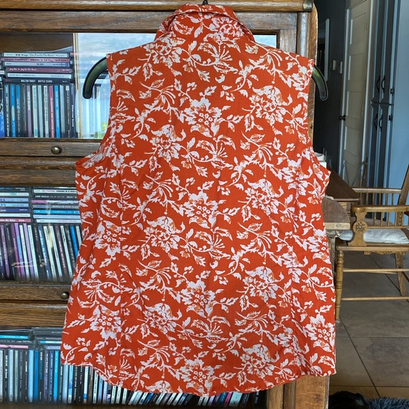 FAR WEST Printed Nylon Sleeveless Button Down Orange/White Grey Buttons Size M - Picture 3 of 11